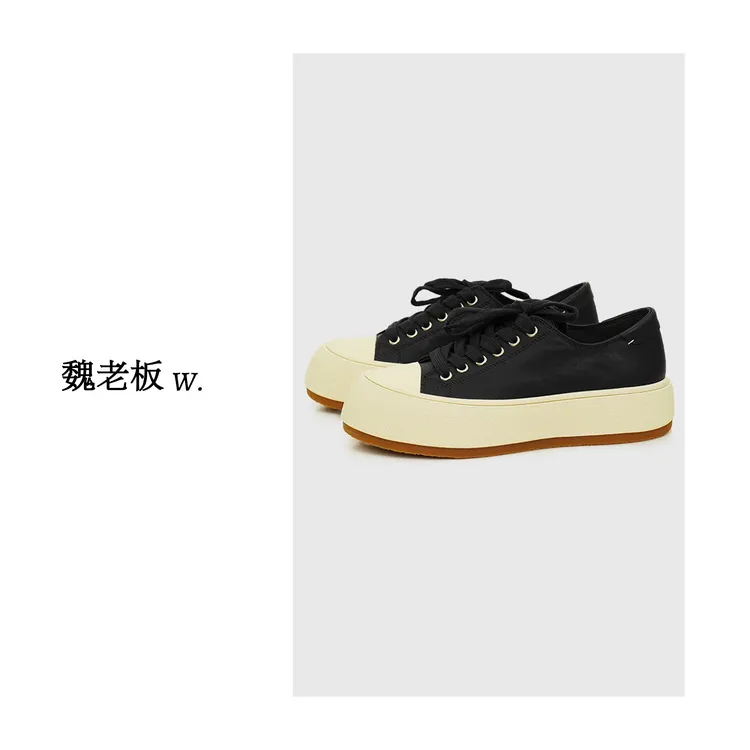 W.Diva【张弛】头层小牛皮水染羊皮品质系带饼干百搭鞋4J289193A
