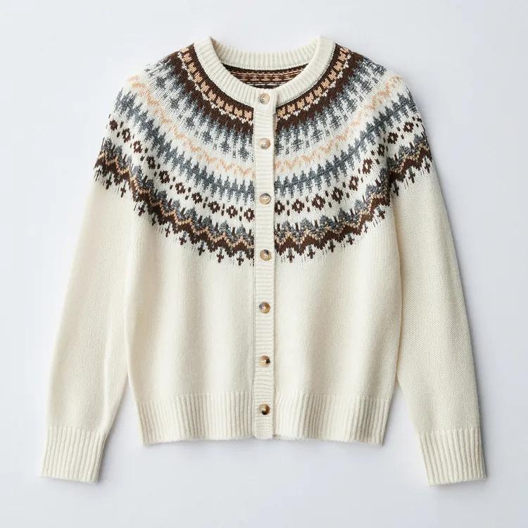 【100%绵羊毛】秋冬费尔岛复古提花针织开衫时尚排扣外套女60629F35