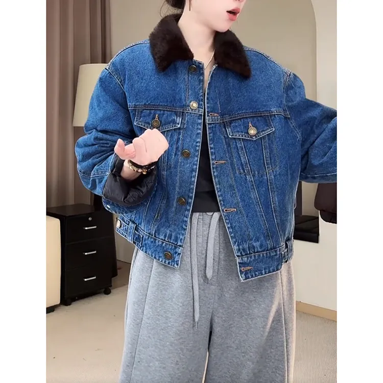 韩系复古毛领拼接牛仔外套女冬季小个子宽松百搭短款加厚夹棉夹克