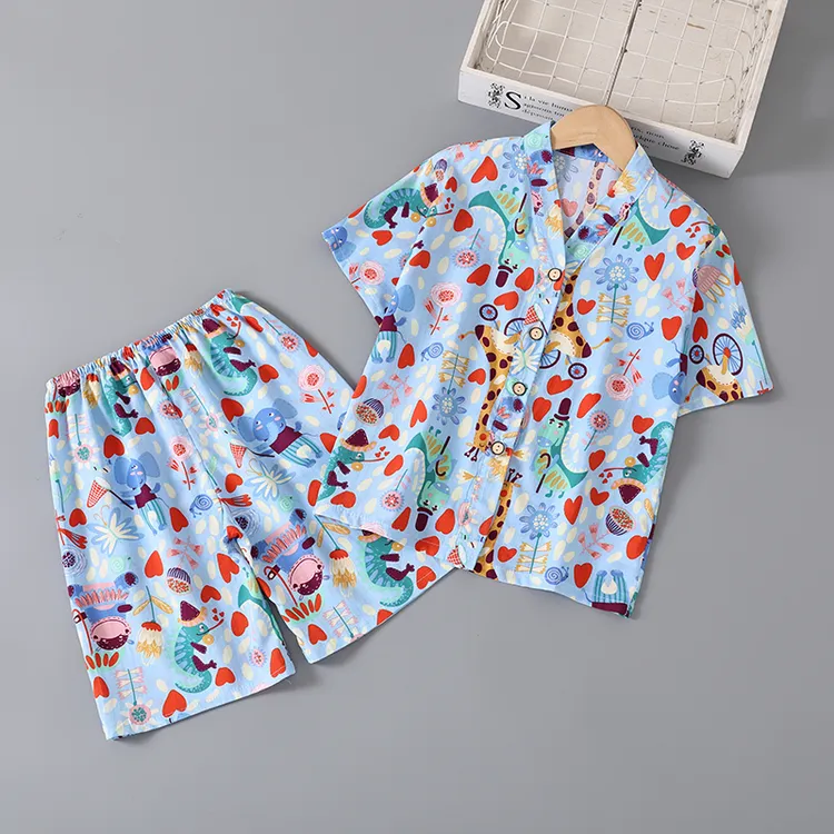 儿童夏季薄款短袖棉绸睡衣男童女童家居服套装女孩宝宝空调服