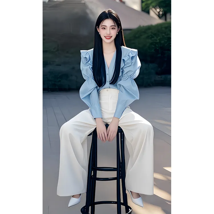 2025春季新款慵懒风韩系百搭显瘦拼接浅蓝色泡泡袖衬衫裤子套装女