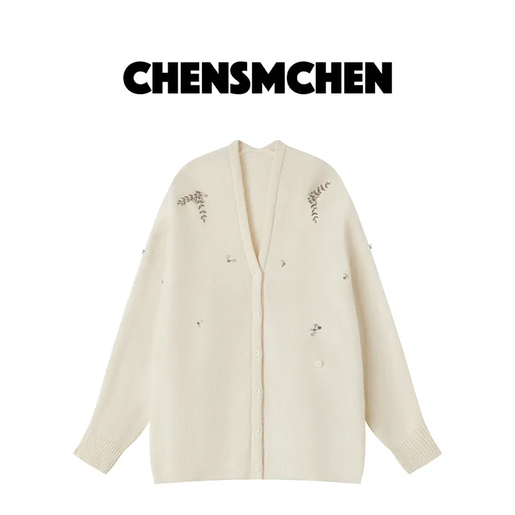 CHENSMCHEN 100绵羊毛绣花V领针织衫女春季百搭休闲开衫CSZ1013SL