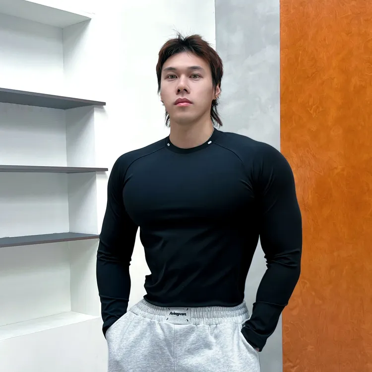 美式男孩鲨鱼皮长袖秋冬健身打底高弹插肩袖透气训练T恤上衣圆领