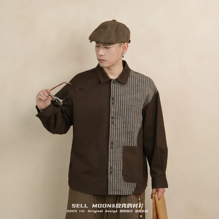 SELLMOON秋季新款复古百搭撞色拼接翻领宽松条纹休闲男士衬衫男