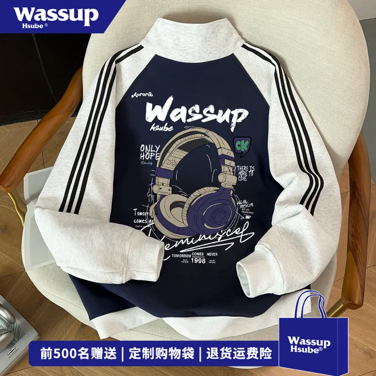 WASSUP HSUBE小众创意耳机印花开衫卫衣男女秋冬季美式三条杠外套