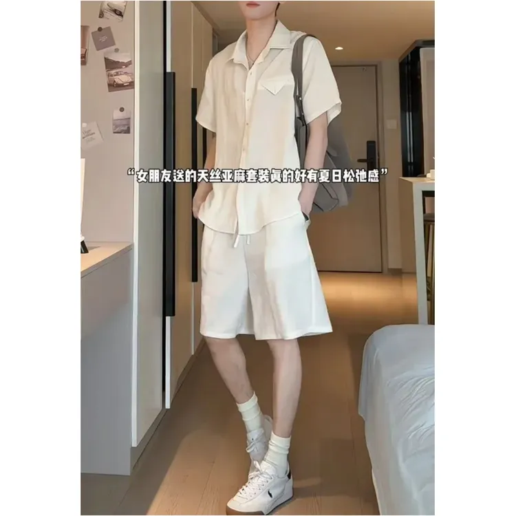 HN潮牌-【莱赛尔天丝】夏季薄款亚麻混纺透气衬衫短袖套装两件套男