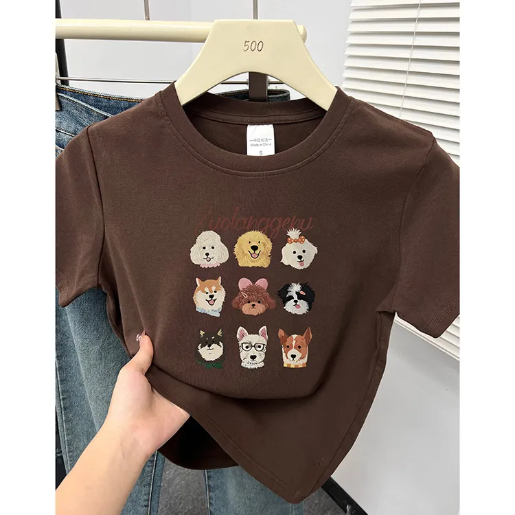 正肩短袖T恤女夏季美式小狗印花小个子洋气显瘦百搭棕色圆领上衣