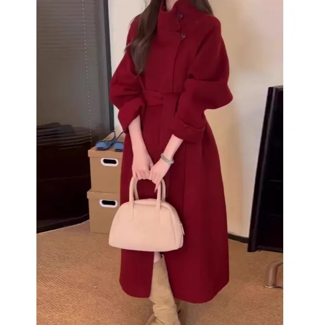 红色大衣女2023秋冬新款韩系立领结婚过年双面呢羊毛呢子大衣外套
