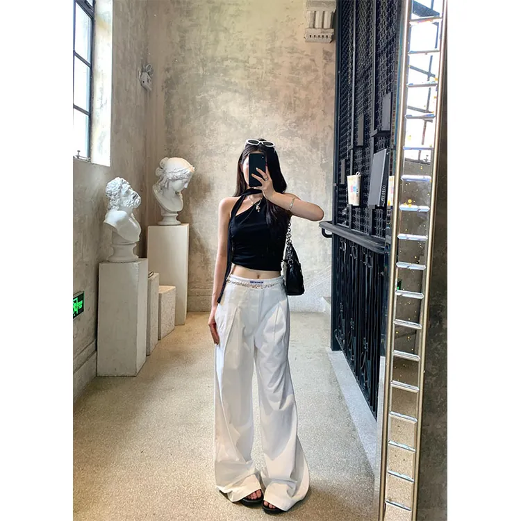 法式纯欲气质修身显瘦绝美斜肩无袖上衣女夏季高腰休闲阔腿裤套装