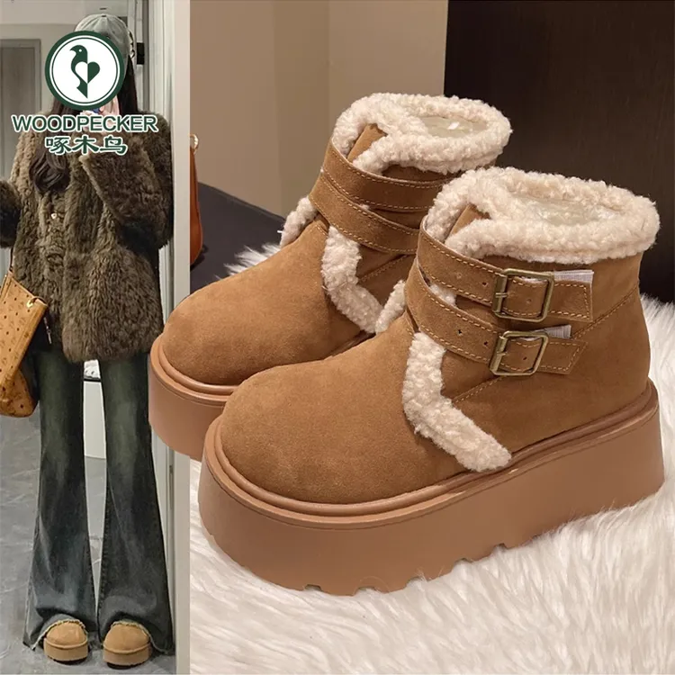 啄木鸟东北保暖厚底雪地靴女款2024新款冬季加绒加厚增高勃肯棉鞋
