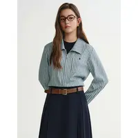 独束大码女装【海盐拿铁】设计感假两件打底条纹衬衫25DS84283