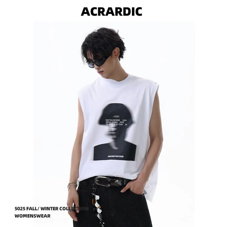 ACRARDIC潮流人像印花坎肩圆领背心男街头痞帅vibe宽松无袖体恤衫