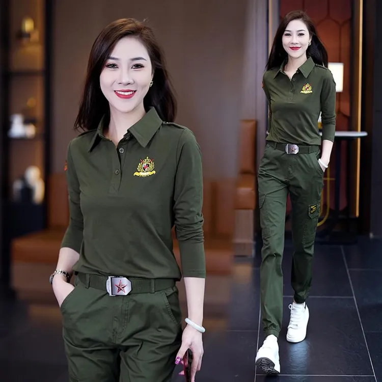 时尚新款休闲长袖T恤迷彩短袖工装长裤两件套修身显瘦军绿套装女