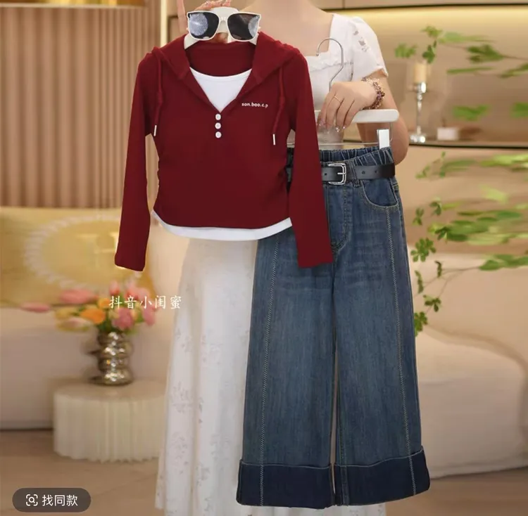 春秋女牛仔套头卫衣纯色网红拉链秋季套装时尚女装休闲常规外套