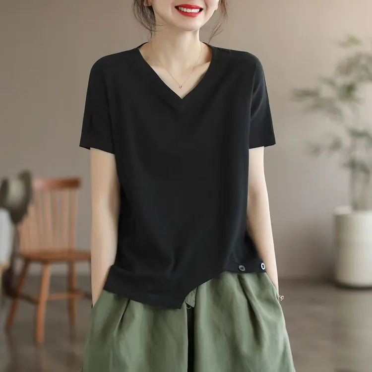 BV短袖T恤女2023夏新款文艺复古V领纯色宽松休闲薄款上衣体恤衫