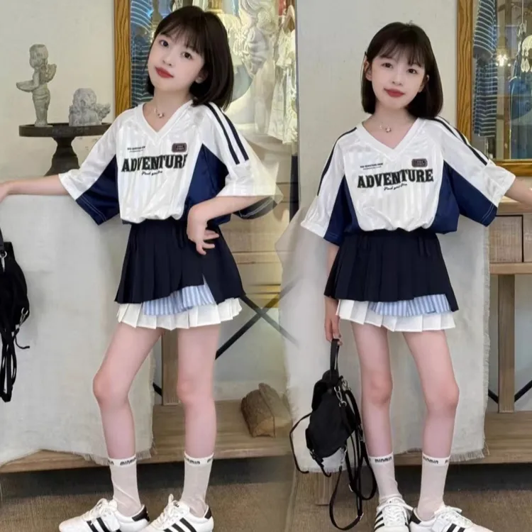 女童套装2025新款夏季儿童洋气时髦短袖T恤两件套百褶裙球服条纹
