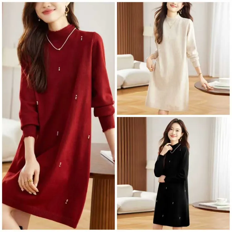 配大衣红色小个子针织连衣裙秋冬新款宽松时尚长袖打底毛衣女裙子
