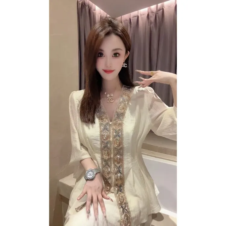 JY&JY橙子大大【小蛮腰】重工国风绣花收腰衬衫上衣16396