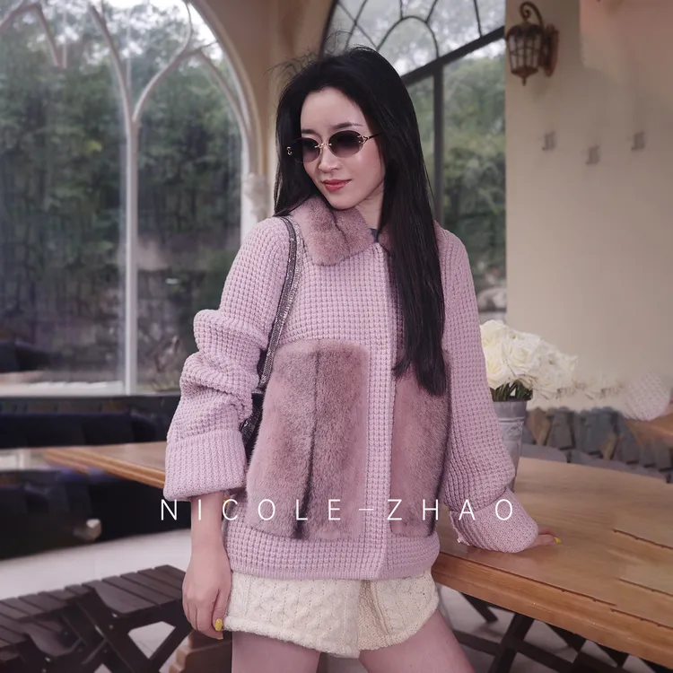 粉十字【贵姐NICOLE】限量版设计师高端拼貂针织外套5NWT182