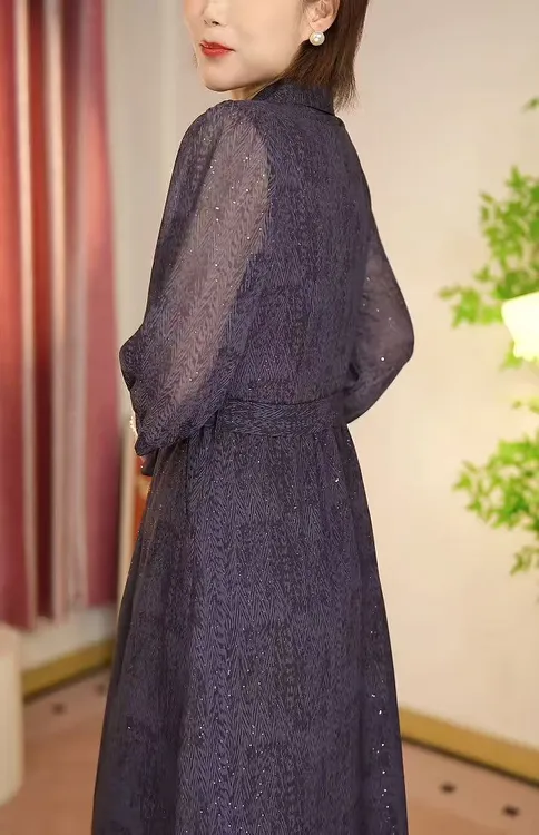 2025紫气东来七分袖西服领自然收腰显瘦中长织玉女装连衣裙