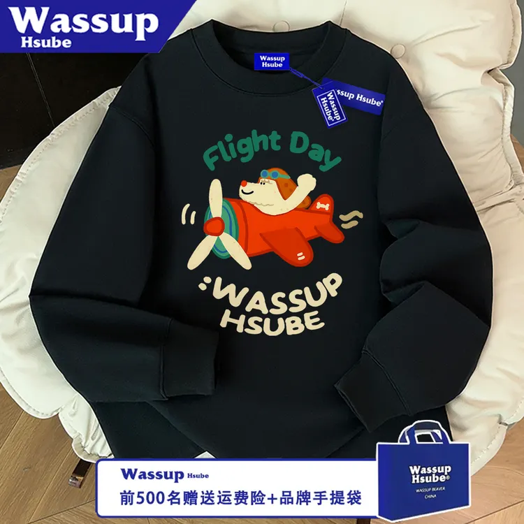 WASSUP HSUBE潮流长袖百搭秋冬卡通宽松圆领开飞机狗印花情侣上衣