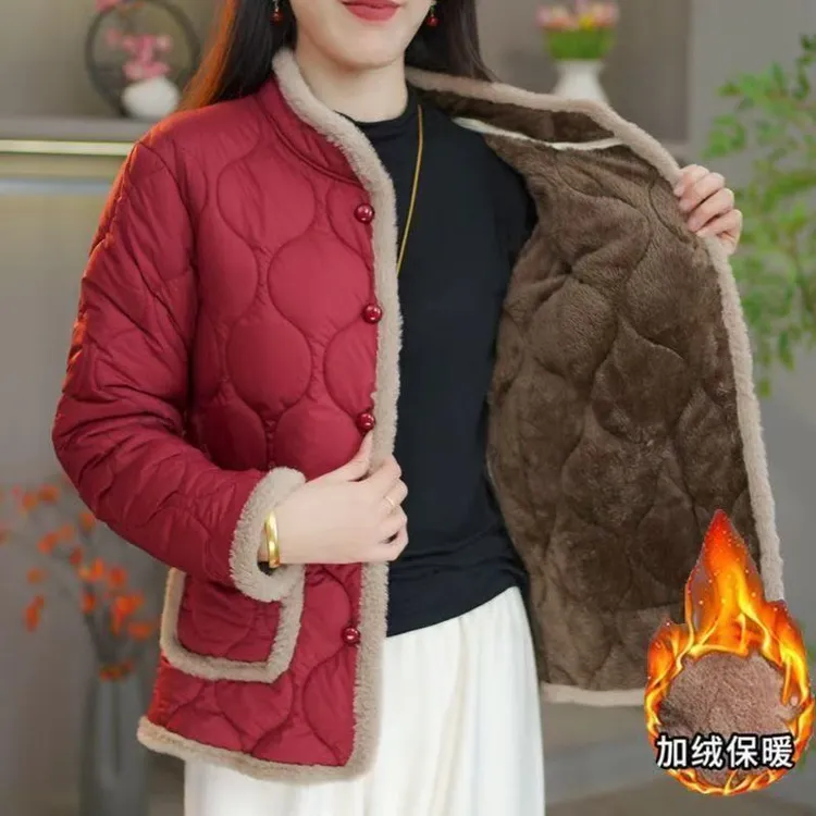 中老年冬季棉衣加绒加厚纯色保暖毛条妈妈装棉袄新款洋气显瘦棉服