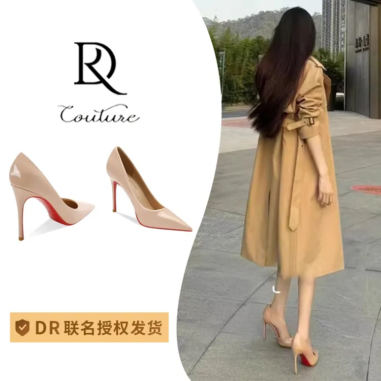 【DR官方正品】裸色高跟鞋细跟2025新款红底鞋尖头浅口气质漆皮侧空