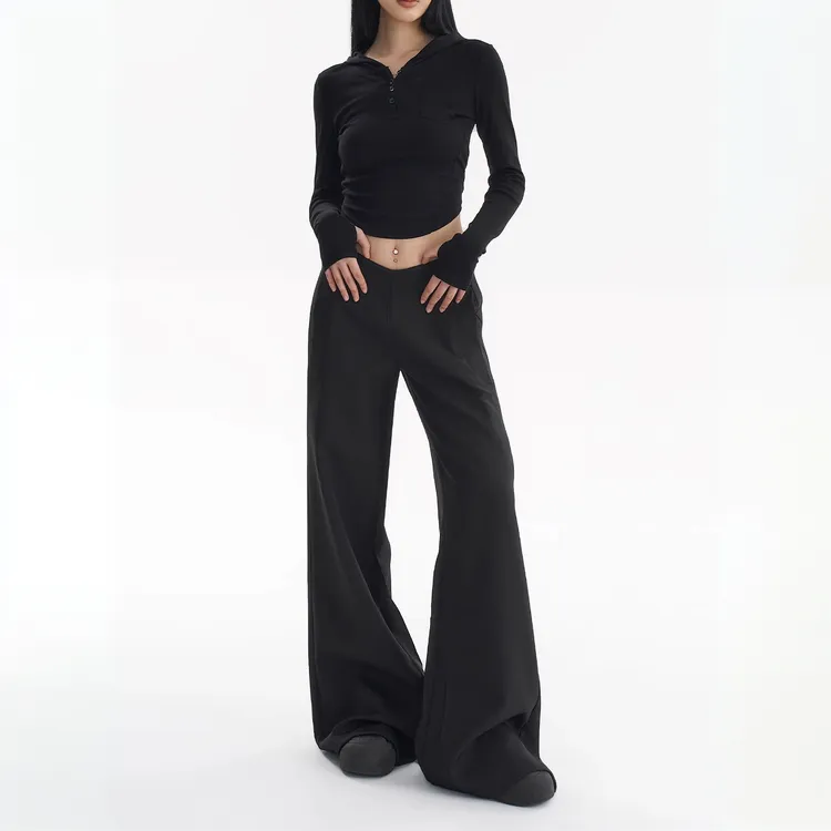 黑色低腰修身V型西裤2025女美式辣妹复古休闲显瘦阔腿微喇叭长裤