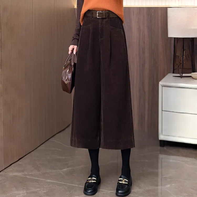 灯芯绒八分裤女2025秋冬新款复古气质高腰宽松阔脚裤休闲直筒裤子