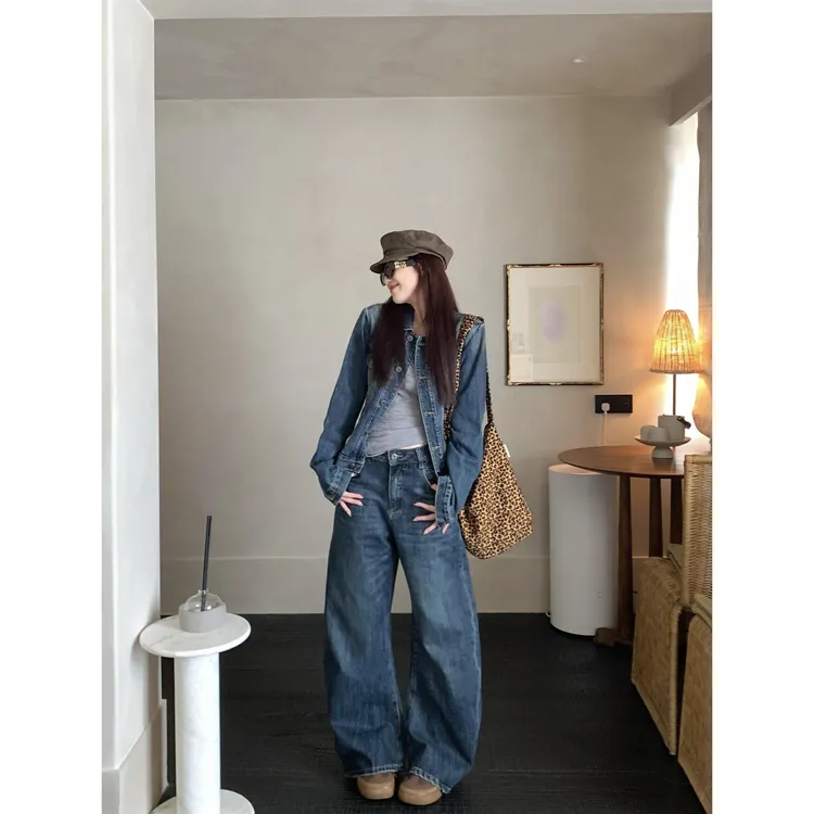 她他百伦kumikumi时尚套装蓝色气质长袖外套女秋季高腰显瘦牛仔长