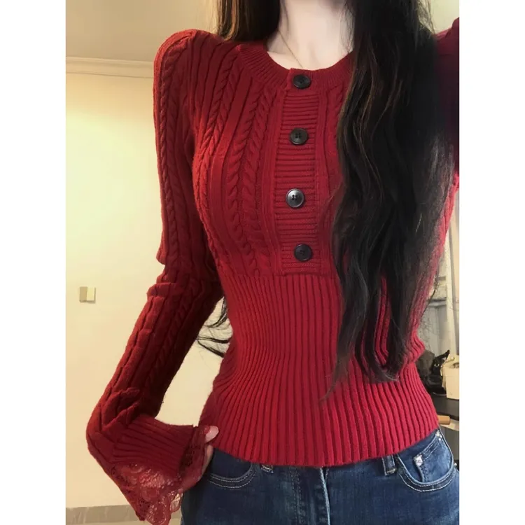 韩系辣妹修身麻花新年红色毛衣女秋冬季高级感内搭打底针织衫上衣