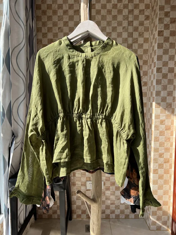 苎麻小衫荷叶边圆领透气套头娃娃衫褶皱松紧收腰蝙蝠袖百搭长袖