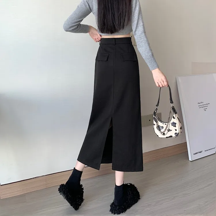 毛呢西装半身裙女秋冬新款高腰显瘦裙子气质直筒开叉中长款包臀裙