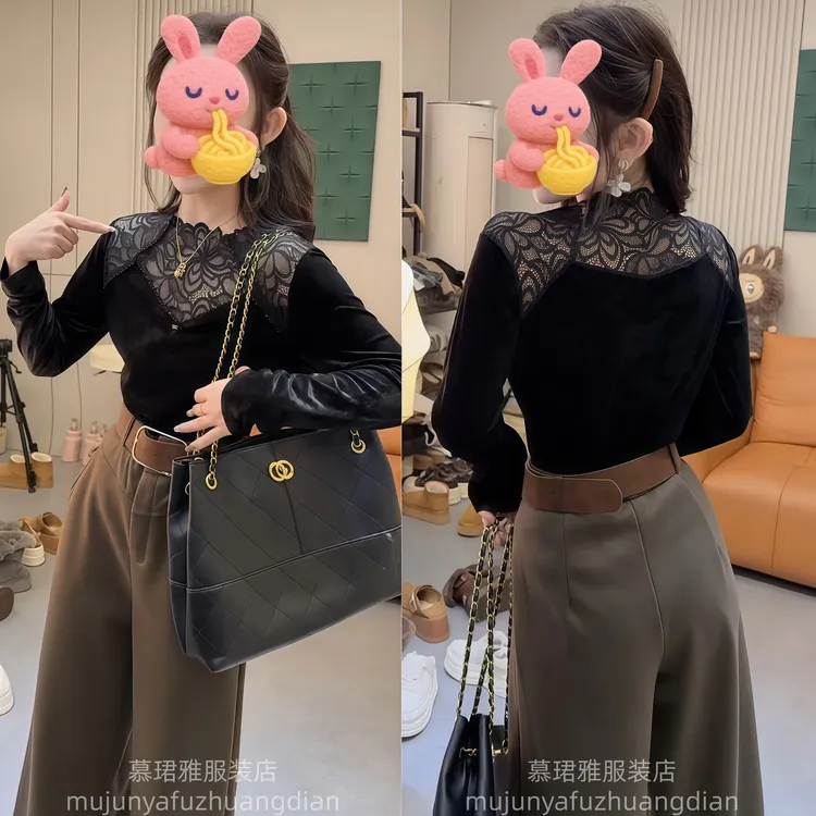 半高领拼接长袖常规蕾丝打底衫时尚短款百搭设计感