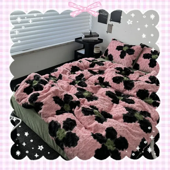 玫瑰撞色兔兔毛绒四件套冬季加大床单被套牛奶绒加厚卧室用柔软双