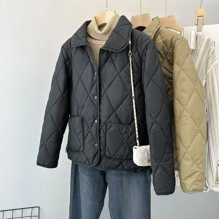 秋冬翻领菱格气质外套时尚棉服轻薄棉衣、柠檬
