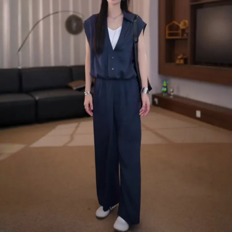 简约时尚休闲洋气套装女2025年夏季新款显瘦百搭衬衫+长裤两件套