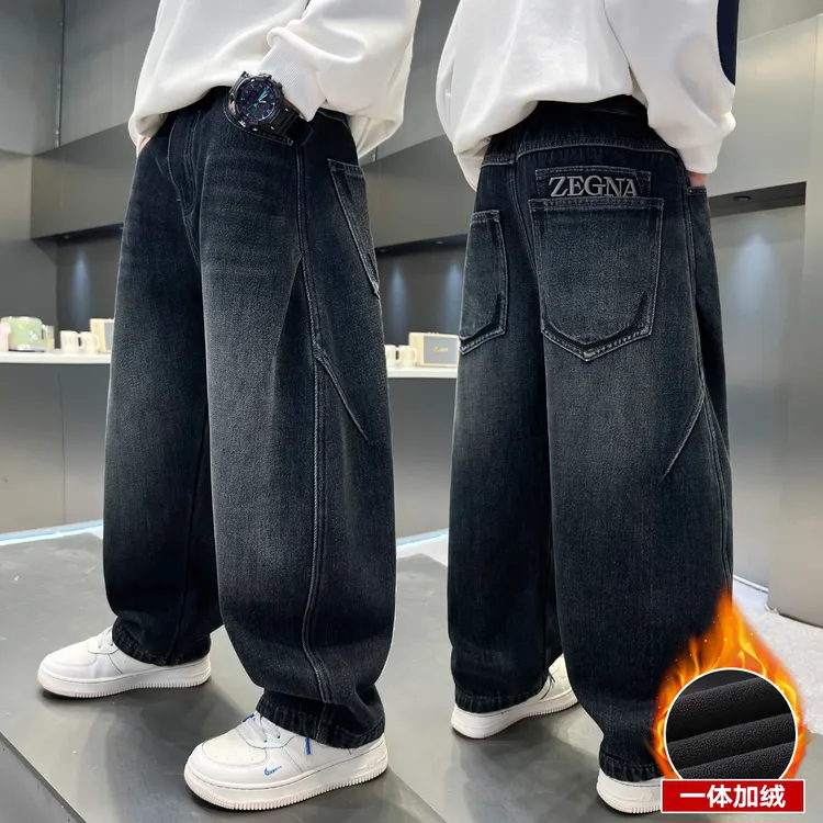 男童冬装裤子儿童加绒牛仔裤2025新款冬季中大童一体绒休闲裤男孩