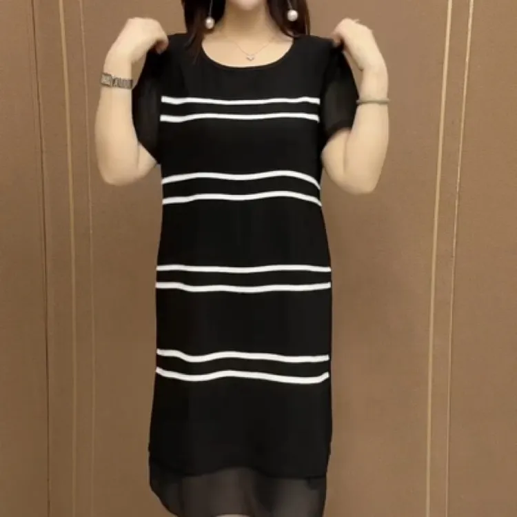 夏季新款洋气时尚短袖撞色气质连衣裙条纹显瘦中长款时尚裙子女潮