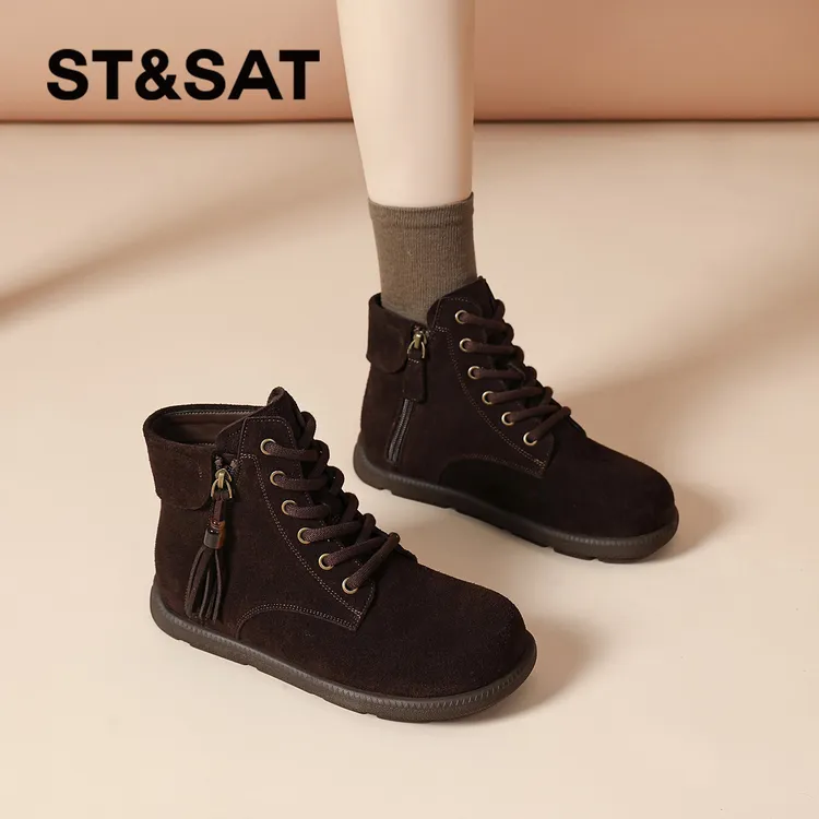 星期六美拉德短靴女款2025新款复古雪地靴加绒时尚流苏侧拉链棉鞋