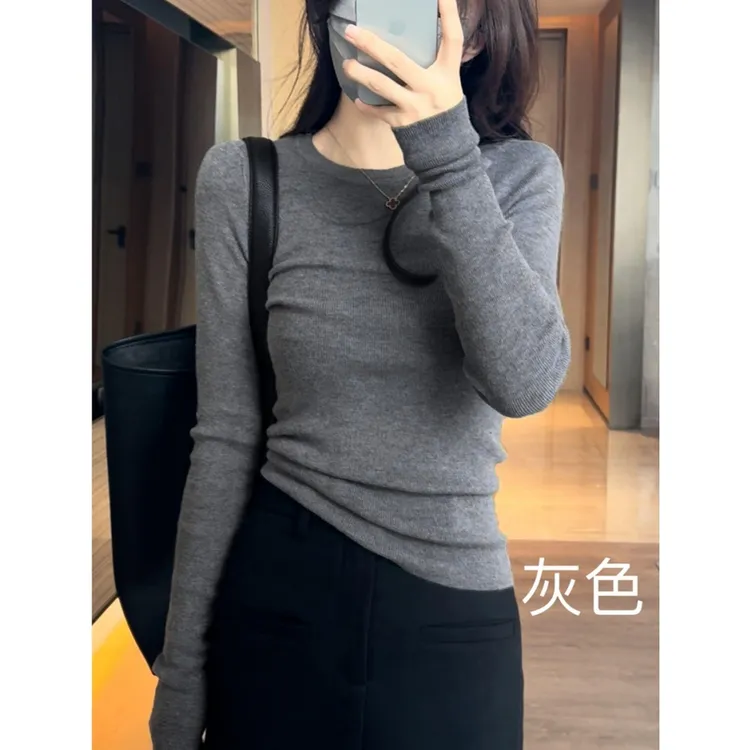 灰色圆领针织长袖t恤女装2025秋季新款高级感修身内搭正肩打底衫