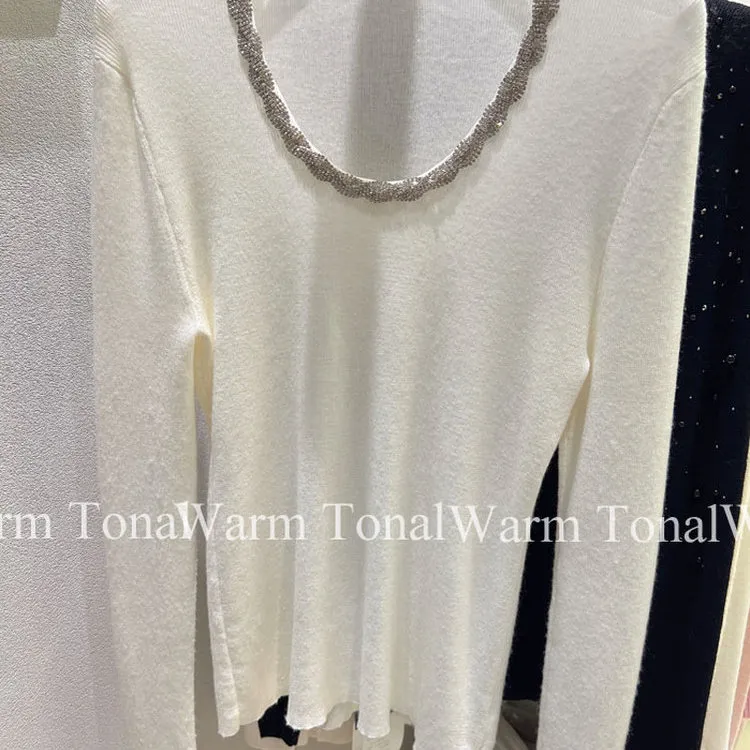 超细羊毛｜重工钻链饰边｜U领修身剪裁轻奢针织上衣