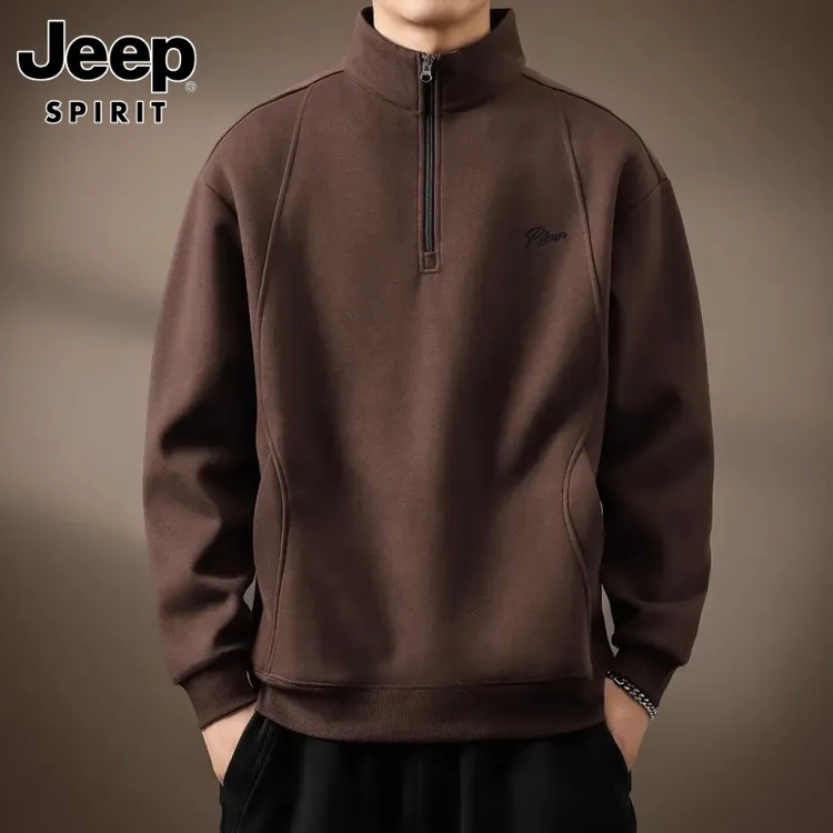 jeep吉普高端立领半拉链简约刺绣卫衣美式复古加绒休闲外套Polo衫