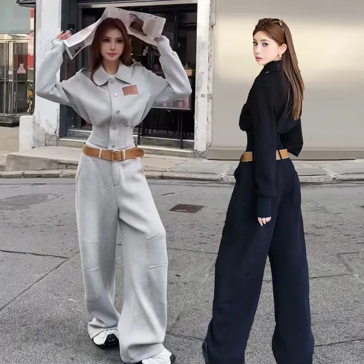 2025春秋季新款复古休闲运动套装女收腰翻领外套阔腿弯刀裤两件套