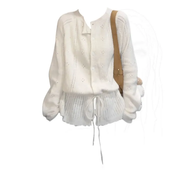 大码韩系温柔风钩花镂空针织衫秋季外穿内搭单品抽绳设计长袖上衣