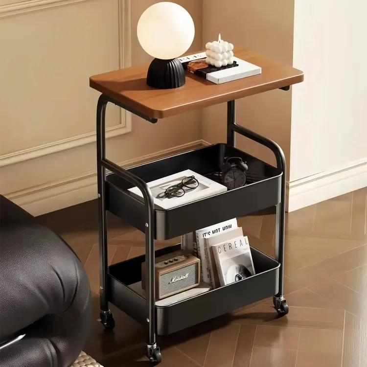 奶油简约收纳架卧室客厅浴室夹缝落地可移动零食储物架三层小推车