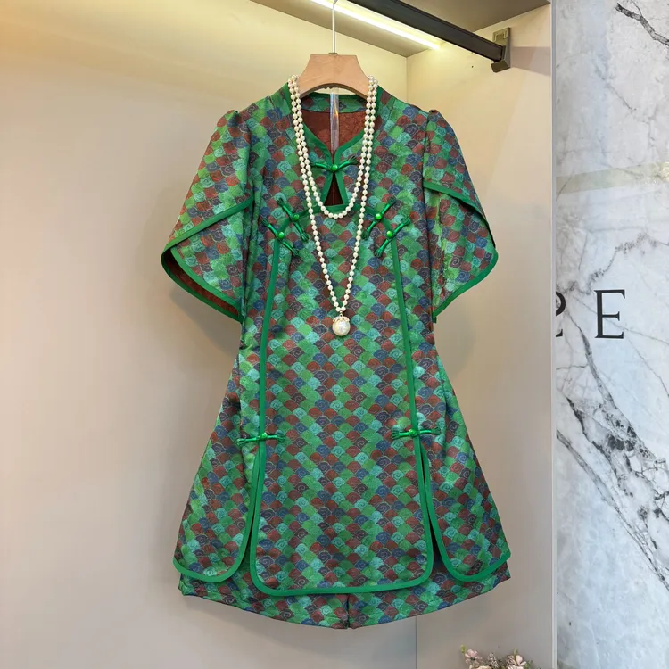 2025夏季新款国风新中式中长款开叉短袖上衣短裤复古两件套女1785