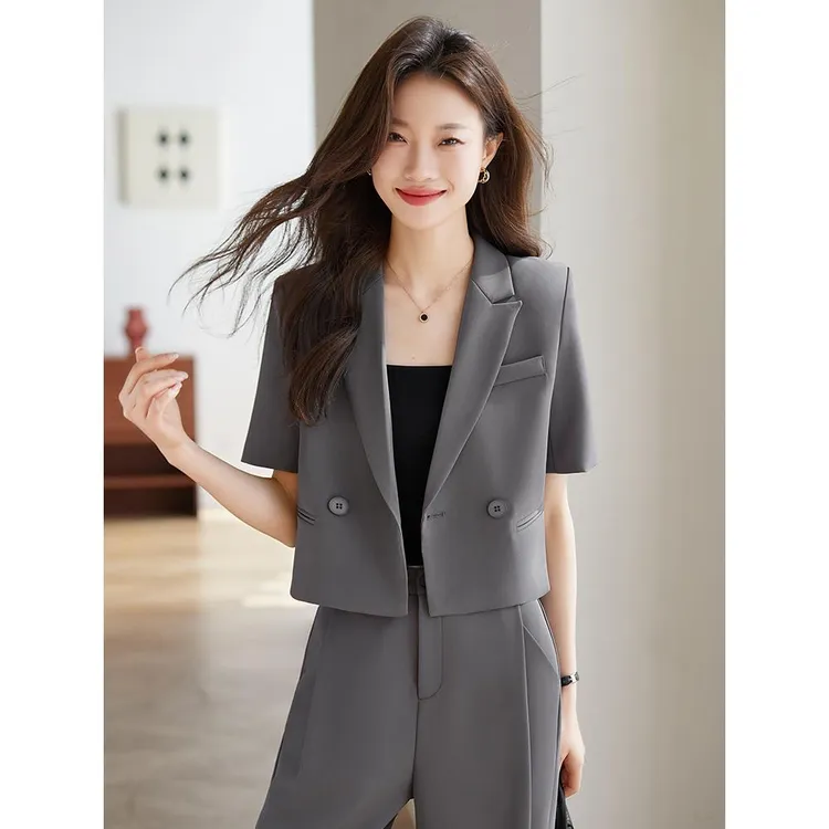 灰色短袖西装外套女薄款2025新款小个子高级感休闲短款西服套装夏