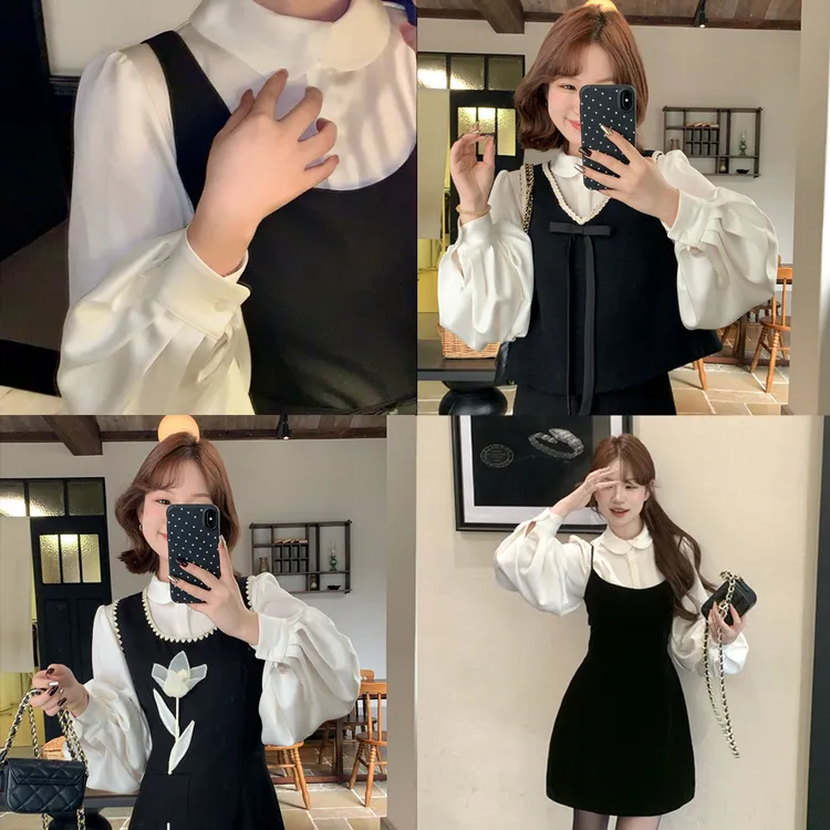 板栗西西&极简百搭灯笼袖长袖打底衫白色衬衣衬衫上衣女C051107