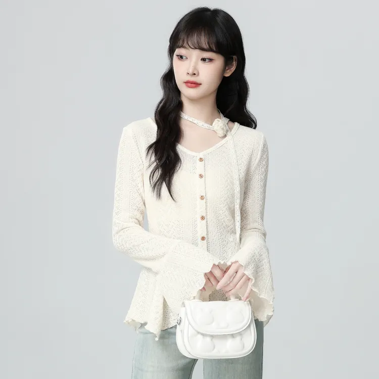 法式V领长袖针织开衫女春秋薄款2025秋季新款设计感收腰短款上衣